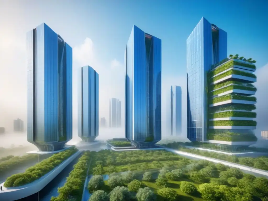 Complejo futurista sostenible: diseño innovador y eficiente Un complejo futurista y sostenible con diseño energéticamente eficiente y espacios verdes integrados