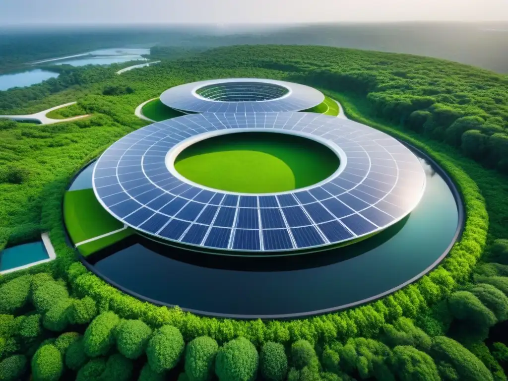 Complejo sostenible futurista entre naturaleza exuberante Un complejo futurista sostenible rodeado de vegetación exuberante, con paneles solares y turbinas eólicas