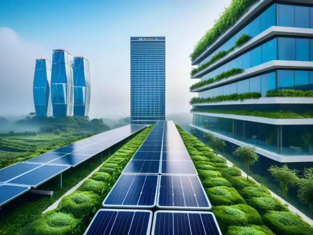 Complejo futurista sostenible: arquitectura ecoamigable en 8k Un complejo futurista sostenible rodeado de vegetación, reflejando arquitectura innovadora y diseño ecoamigable