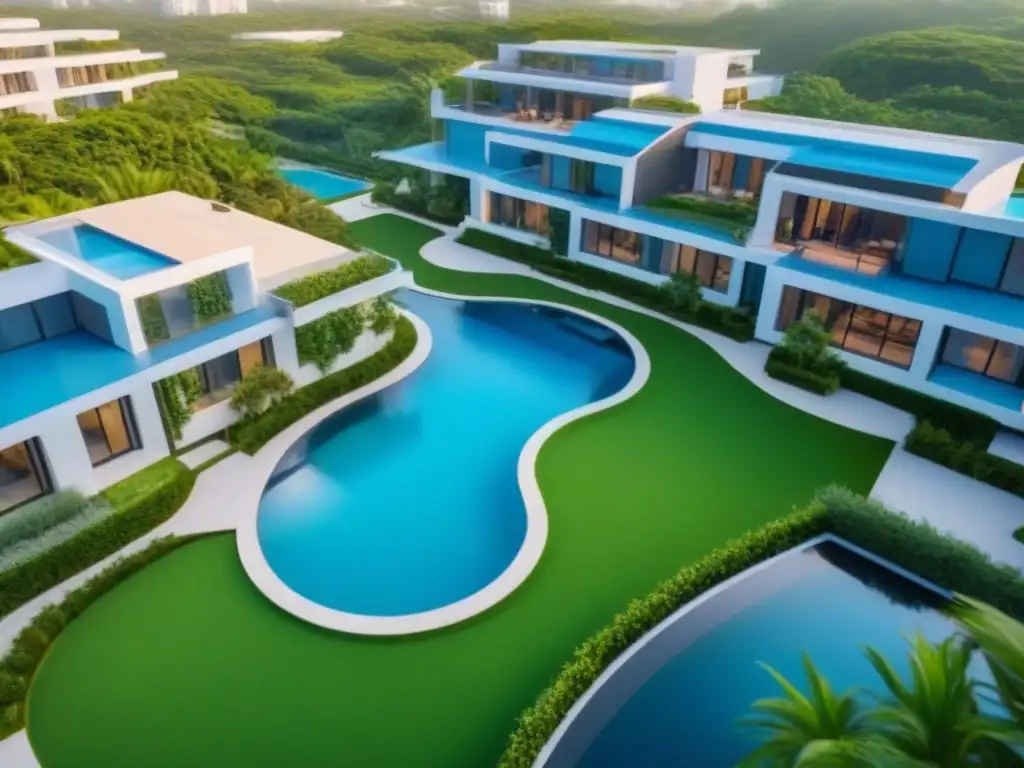 Complejo inmobiliario de lujo: arquitectura futurista y exuberante entorno Un complejo inmobiliario de lujo con arquitectura futurista rodeado de exuberante vegetación y piscinas relucientes