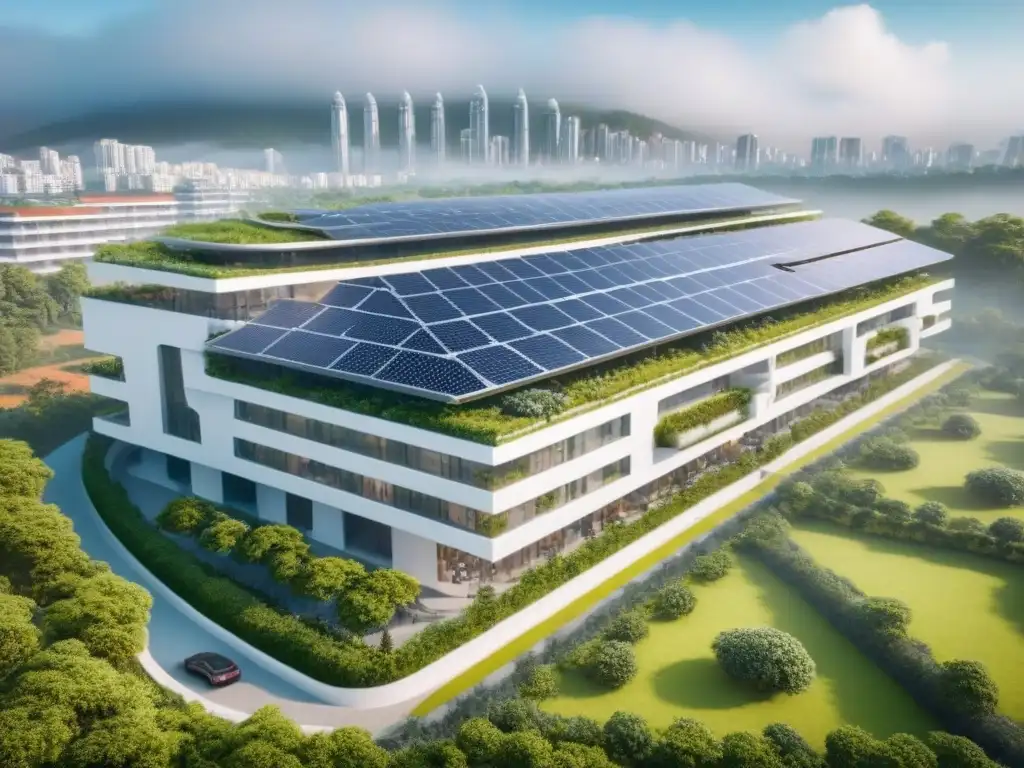 Complejo sostenible: arquitectura moderna en ciudad emergente Complejo inmobiliario sostenible en mercado emergente, con paneles solares brillantes y jardines verdes en la azotea