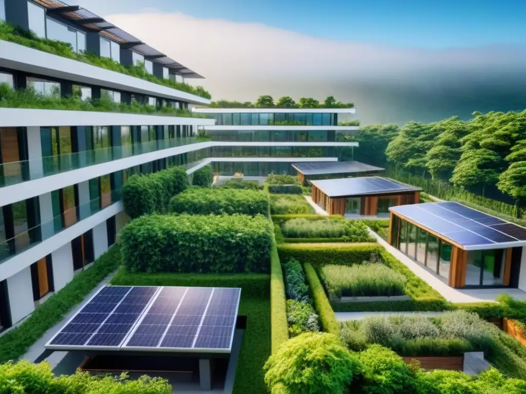 Complejo inmobiliario sostenible con paneles solares, jardines y senderos para bicicletas
