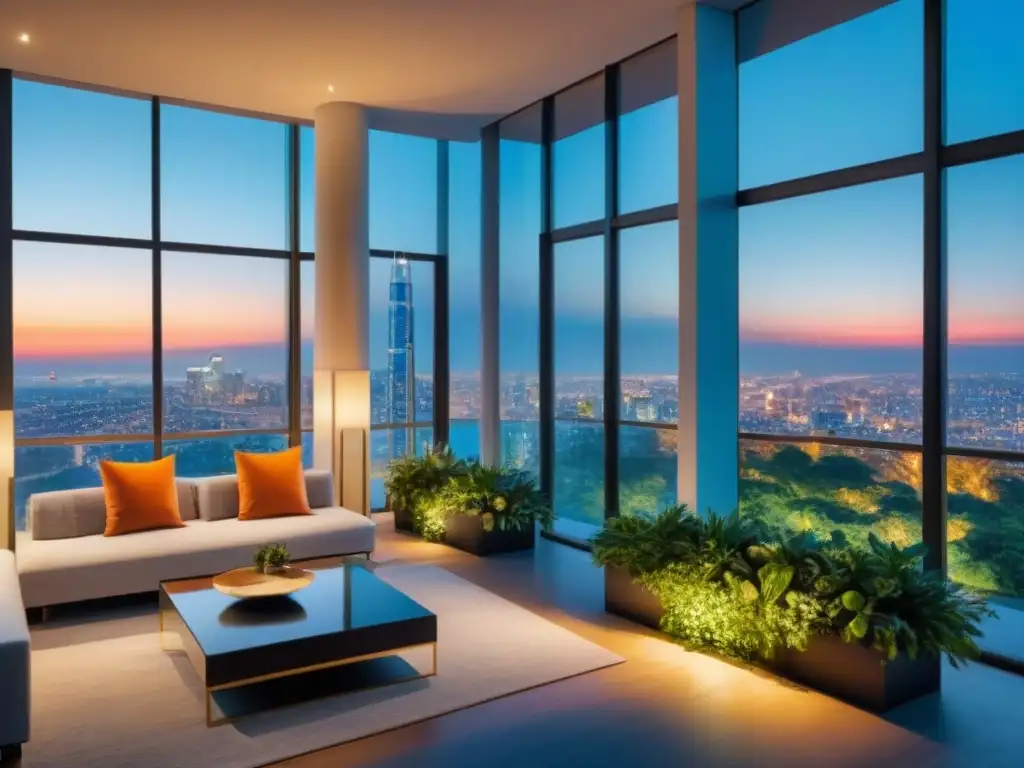 Condominio de lujo al anochecer: sofisticación urbana Un complejo de lujo en altura al anochecer, con ventanales de cristal que reflejan la vibrante ciudad