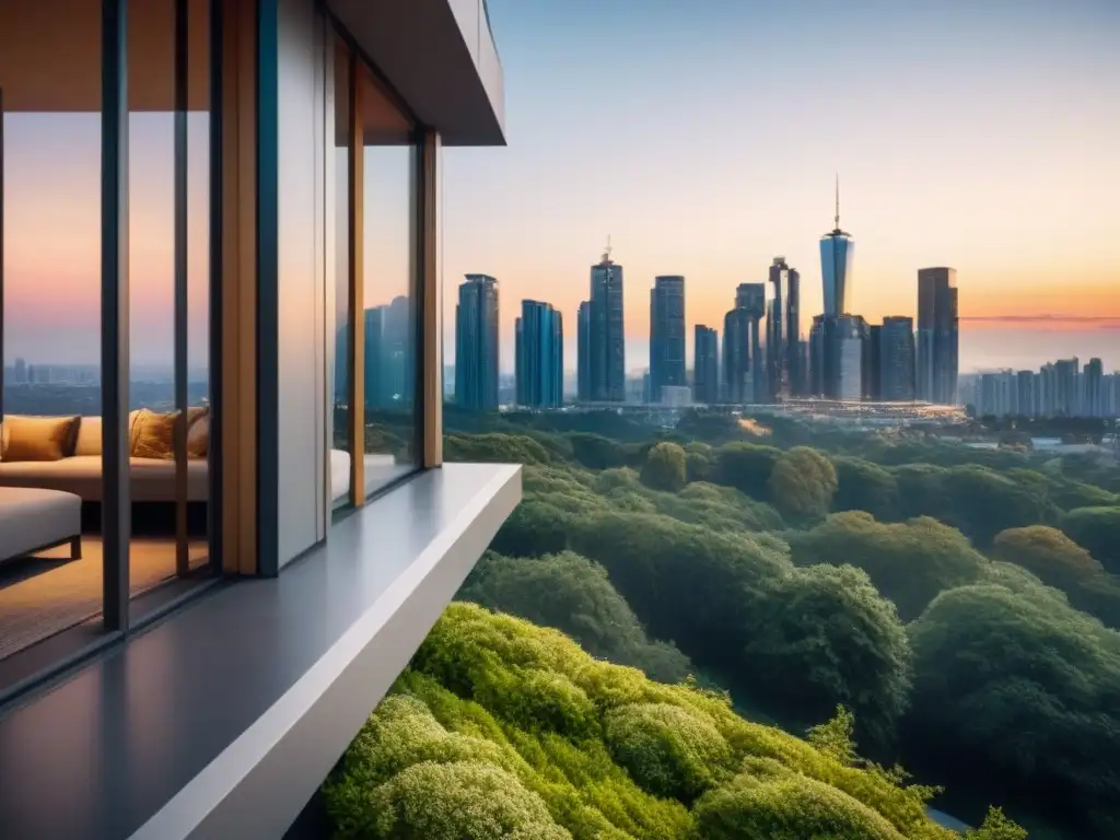 Condominio de lujo al atardecer: arquitectura moderna en Norteamérica Complejo de lujo al atardecer con arquitectura moderna y ventanales, rodeado de vegetación y ciudad brillante