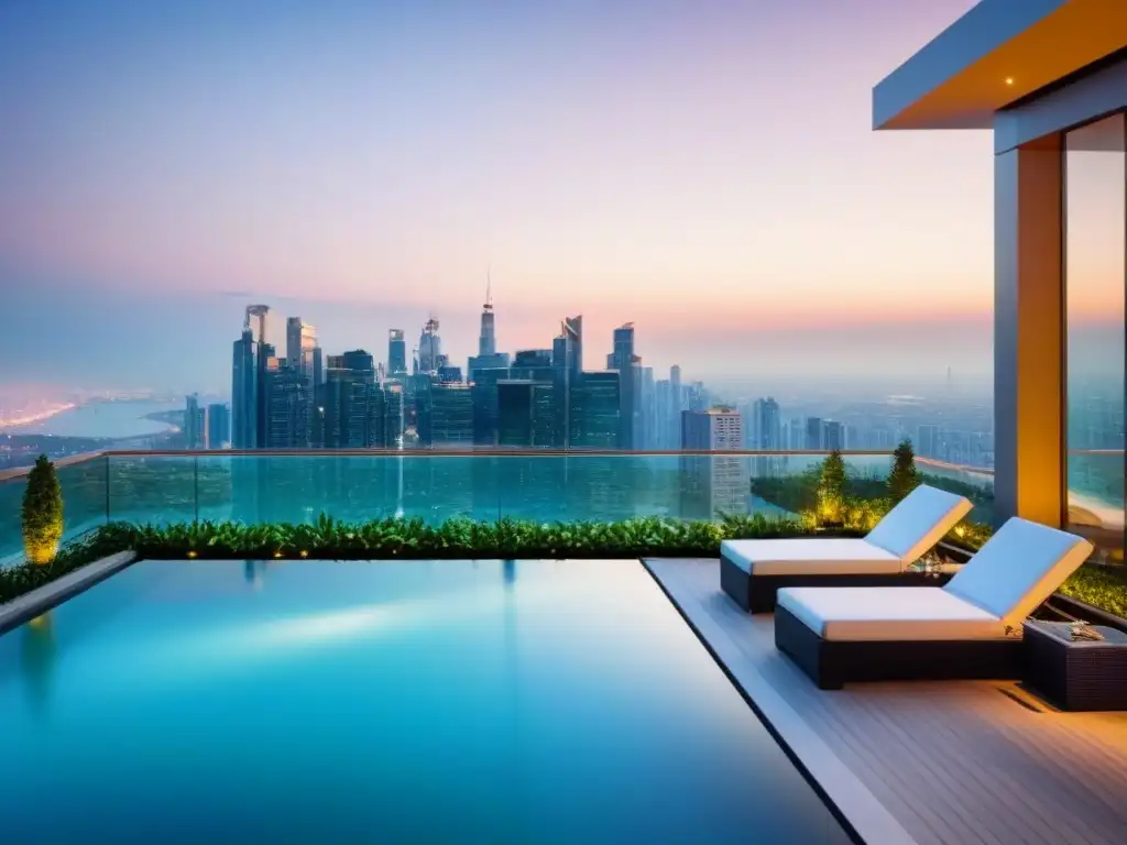 Condominio de lujo con vista panorámica al atardecer Complejo de lujo con diseño moderno y piscina infinita en la azotea, rodeado de vegetación y muebles de diseño