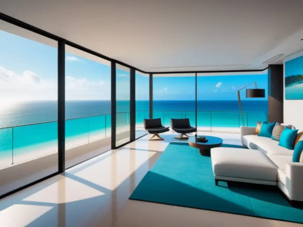 Condominio de lujo frente a playa paradisíaca Complejo de lujo frente a playa paradisíaca con arquitectura moderna y vista panorámica al mar