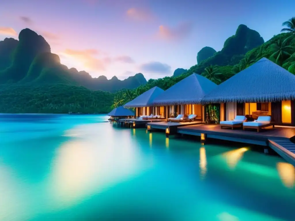 Resort de lujo en isla tropical: bungalows sobre el agua y atardecer dorado Complejo de lujo en isla tropical con bungalows sobre el agua, piscinas infinitas y vegetación exuberante alrededor