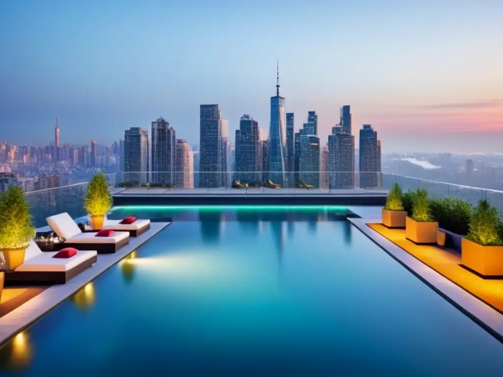 Complejo de lujo con piscina infinita en el skyline de la ciudad Un complejo de lujo con modernas fachadas de vidrio, piscina infinita en la azotea y áreas verdes, creando un ambiente exclusivo
