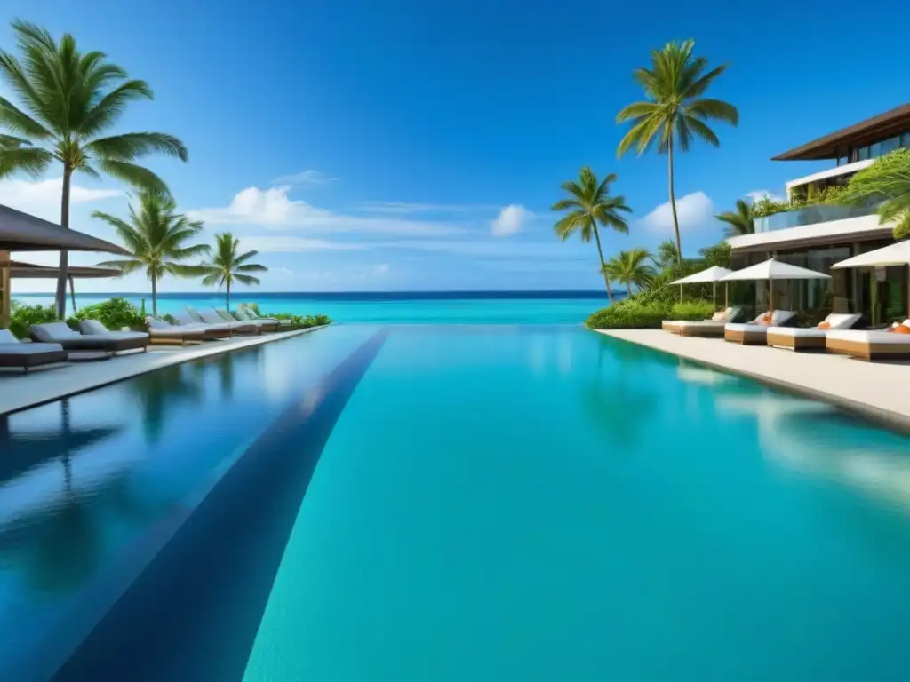 Resort de lujo con villas elegantes frente al mar Complejo de lujo con villas elegantes rodeadas de exuberante vegetación tropical