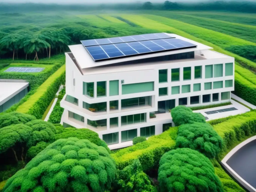 Complejo médico ecoinnovador en entorno natural Un complejo médico futurista rodeado de vegetación exuberante, con diseño innovador y sostenible