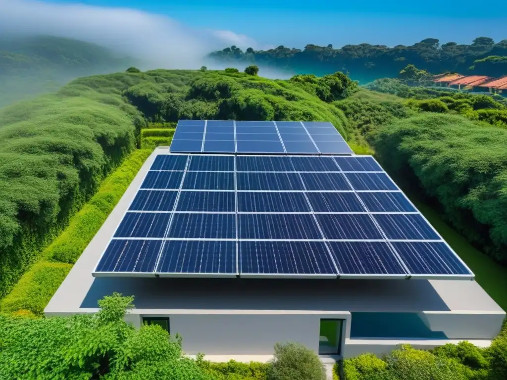 Complejo ecoamigable: arquitectura moderna y sustentable Complejo moderno con arquitectura verde, paneles solares y naturaleza exuberante