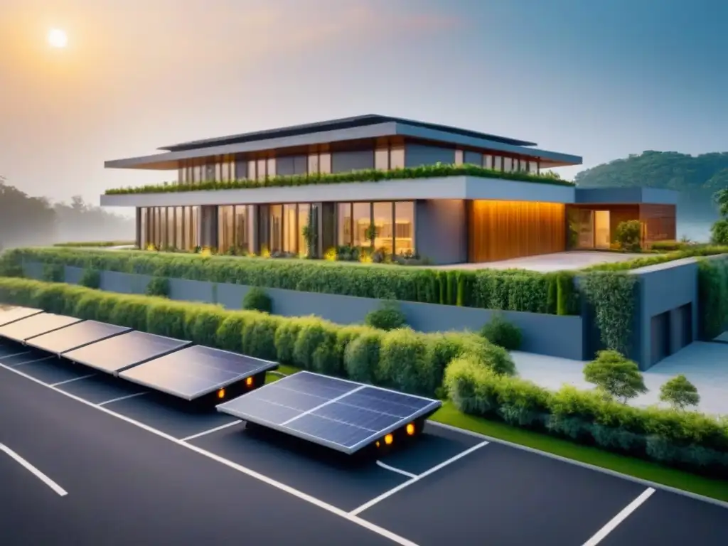 Complejo ecológico moderno al atardecer con paneles solares y vegetación exuberante Un complejo moderno y ecológico con paneles solares, vegetación exuberante y estaciones de carga para autos eléctricos al atardecer