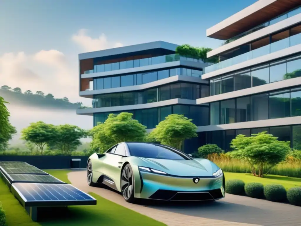 Complejo ecológico de vanguardia: armonía entre naturaleza y tecnología Complejo moderno y ecológico rodeado de vegetación, paneles solares y estaciones de carga para coches eléctricos