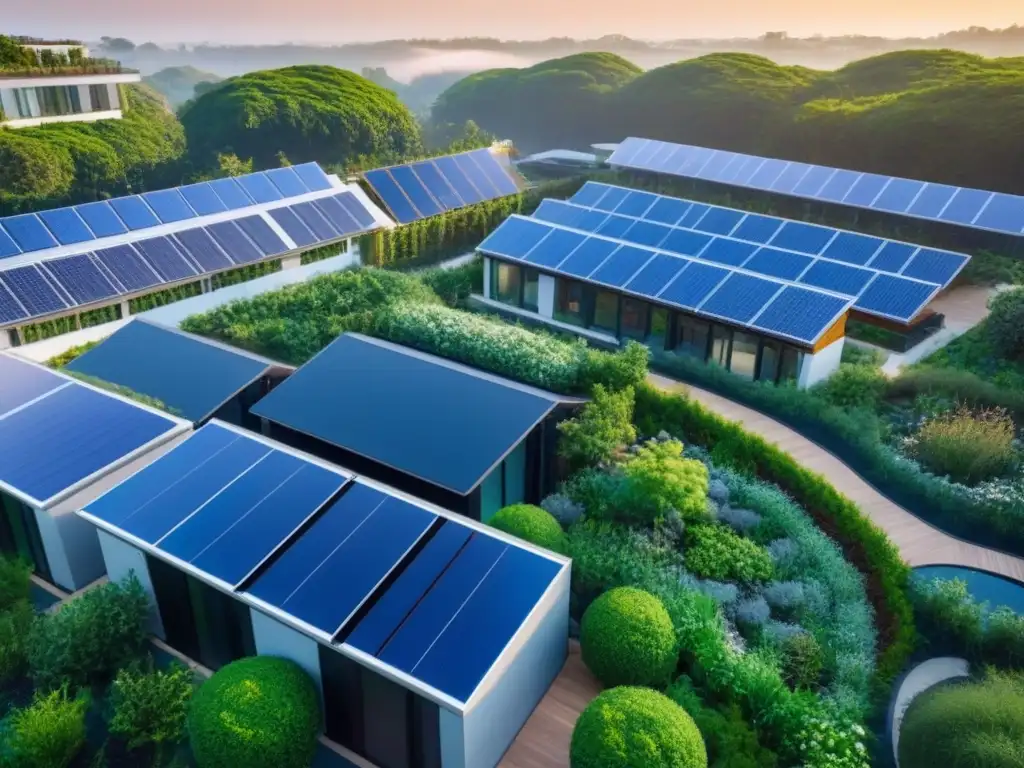Complejo arquitectónico sostenible entre naturaleza exuberante Un complejo moderno y sostenible entre naturaleza con paneles solares, jardín comunitario y sistema de recolección de agua