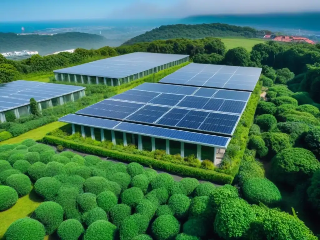 Complejo sostenible: arquitectura ecofriendly en entorno natural Un complejo moderno y sostenible rodeado de vegetación, paneles solares brillantes y cielo azul