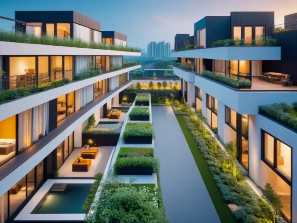 Edificio de coliving vanguardista con espacios verdes y terrazas Un complejo moderno de viviendas colaborativas mercado inmobiliario con espacios comunes, terrazas y vegetación integrada en su diseño
