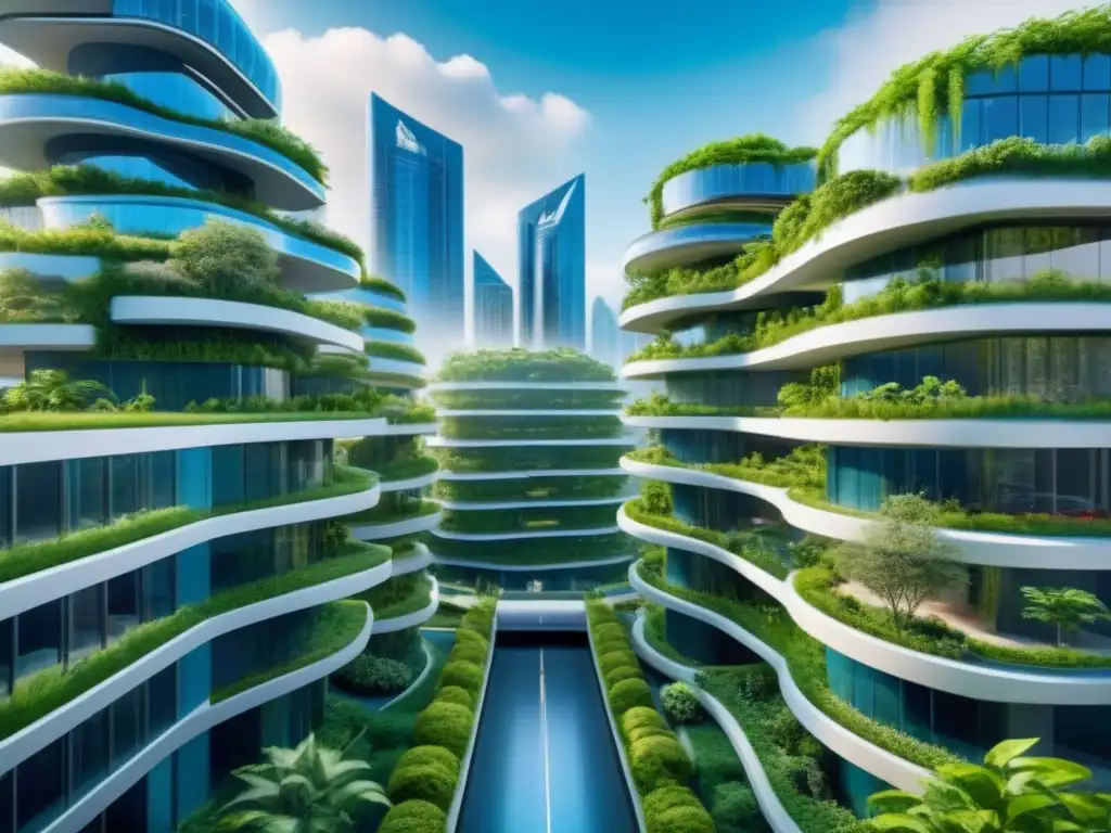 Ecofuturismo: complejo de rascacielos ecoamigables Un complejo de rascacielos ecológicos futuristas rodeados de vegetación, con paneles solares y jardines verticales
