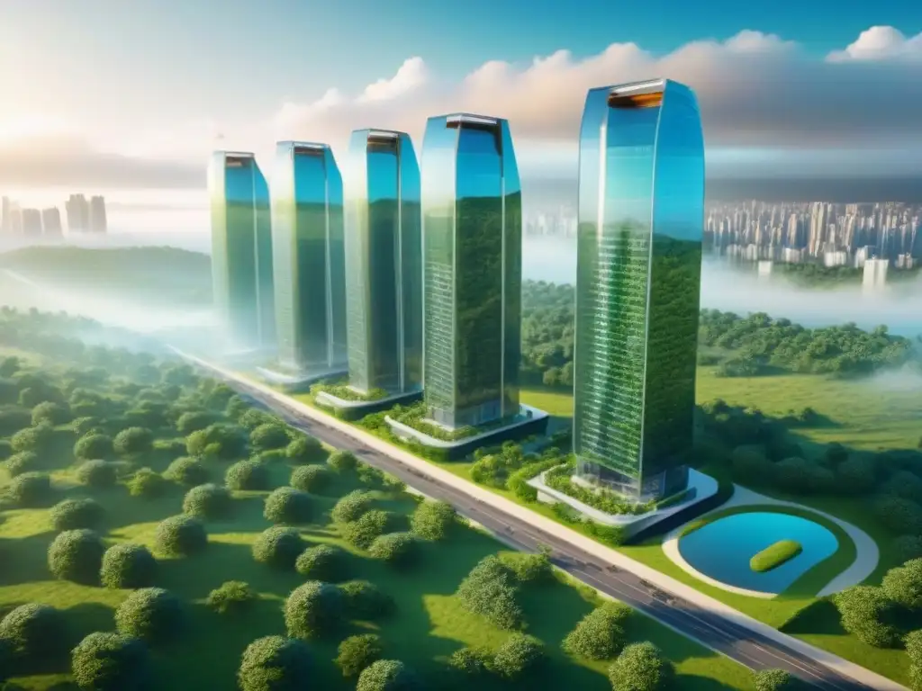 Edificio futurista integrado en paisaje verde, con pagos en criptomonedas Un complejo de rascacielos futurista integrado con la naturaleza, destacando diseño sostenible y pagos con criptomonedas