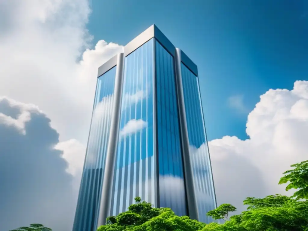 Complejo futurista: innovación en la nube para la gestión inmobiliaria Un complejo de rascacielos futurista rodeado de vegetación, con nubes reflejadas en sus fachadas de vidrio