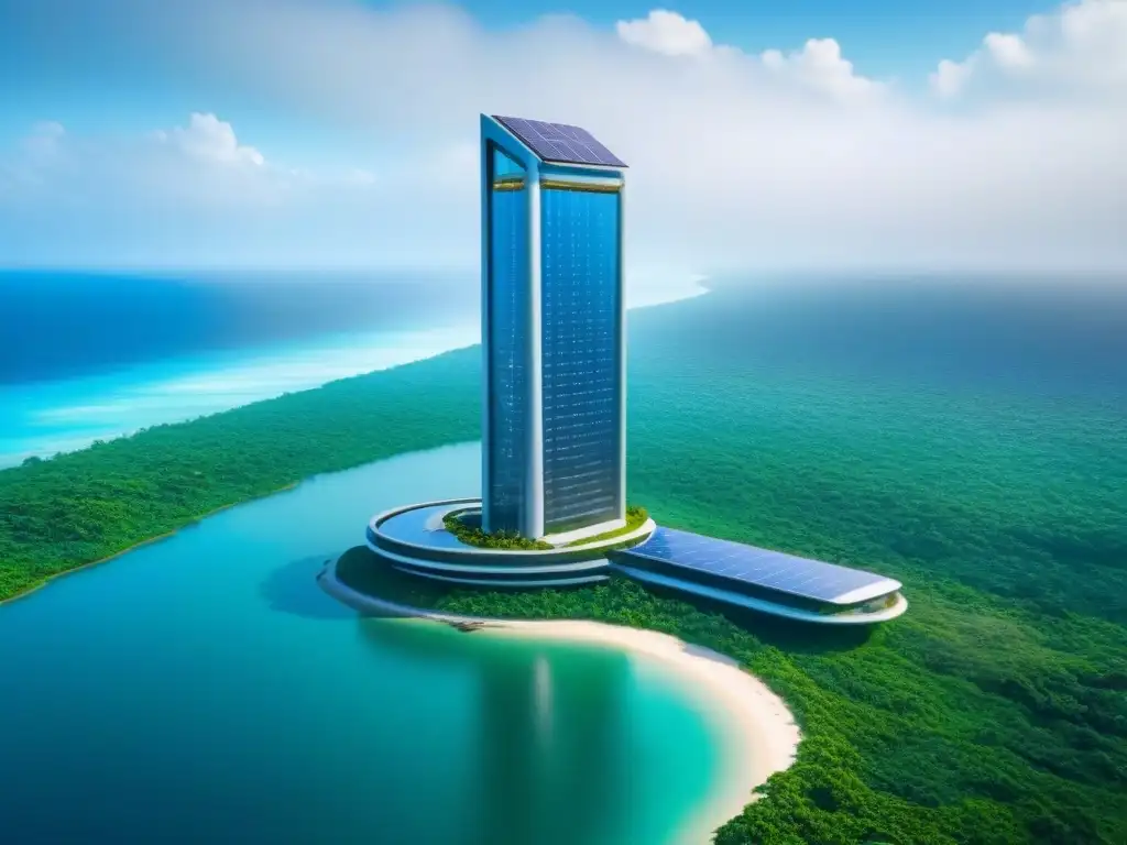 Complejo sostenible y futurista: arquitectura innovadora en entorno natural Un complejo de rascacielos futurista rodeado de vegetación con vista al mar, representando proyectos inmobiliarios internacionales innovadores