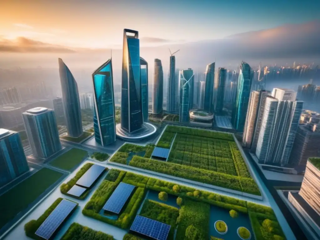 Complejo de rascacielos futurista sostenible en ciudad internacional Un complejo de rascacielos futurista y sostenible en una ciudad internacional, destacando prácticas de inversiones inmobiliarias sostenibles internacionales