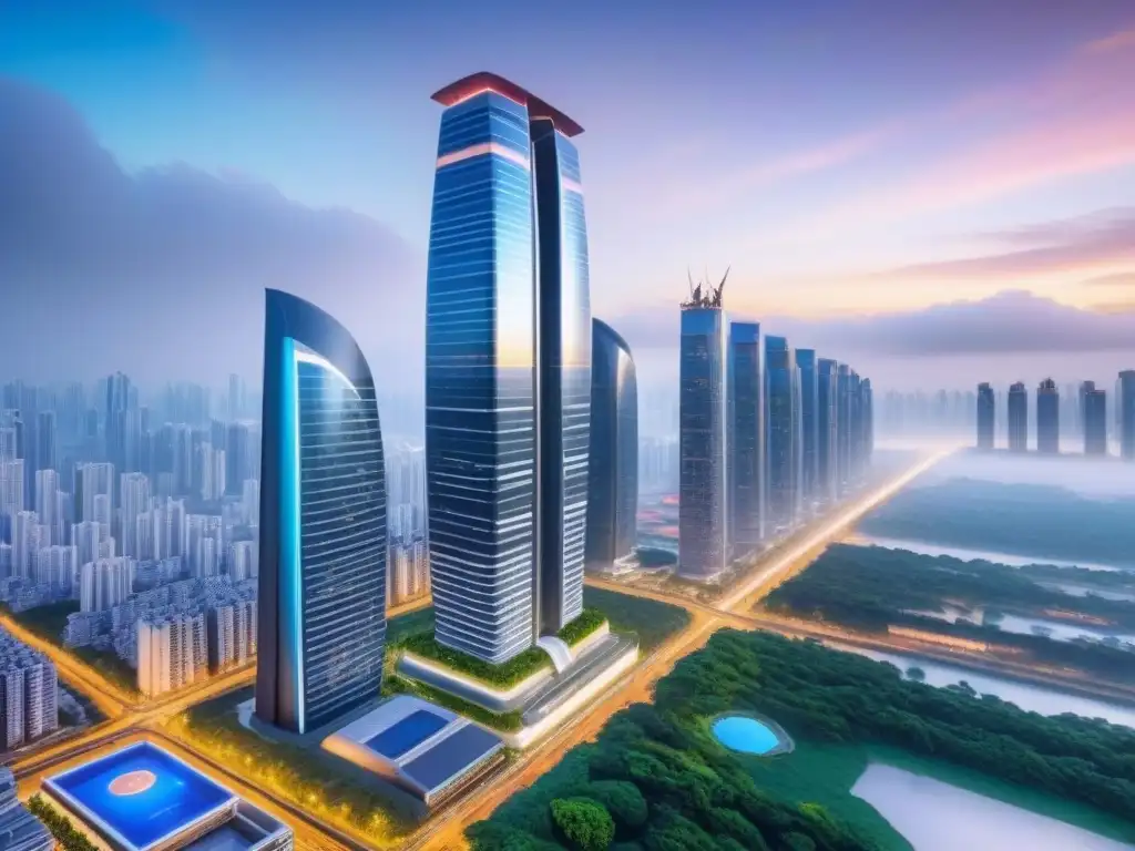 Rascacielos futurista en ciudad asiática Un complejo de rascacielos futuristas en una bulliciosa ciudad asiática, fusionando elementos tradicionales con tecnología de vanguardia