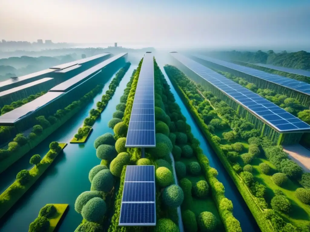Complejo futurista de rascacielos sostenibles Un complejo de rascacielos futuristas sostenibles con paneles solares, vegetación exuberante y pasarelas transparentes, en una metrópolis