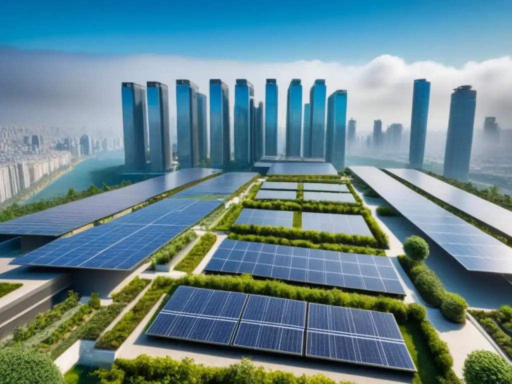 Complejo sostenible: arquitectura verde en la ciudad Un complejo de rascacielos moderno y sostenible con jardines en la azotea y paneles solares, en una ciudad bulliciosa bajo un cielo azul claro
