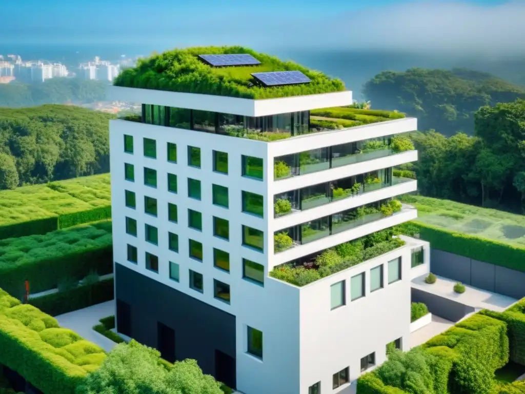 Complejo ecológico: rascacielos moderno con certificaciones LEED y BREEAM Un complejo de rascacielos modernos con certificación LEED y BREEAM rodeado de vegetación y paneles solares