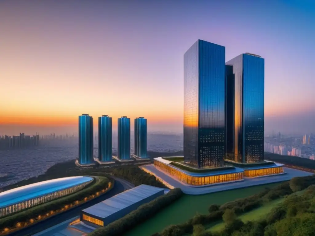 Complejo urbano futurista: arquitectura de vanguardia en ciudad global Un complejo de rascacielos modernos en una ciudad internacional, iluminados por el atardecer dorado