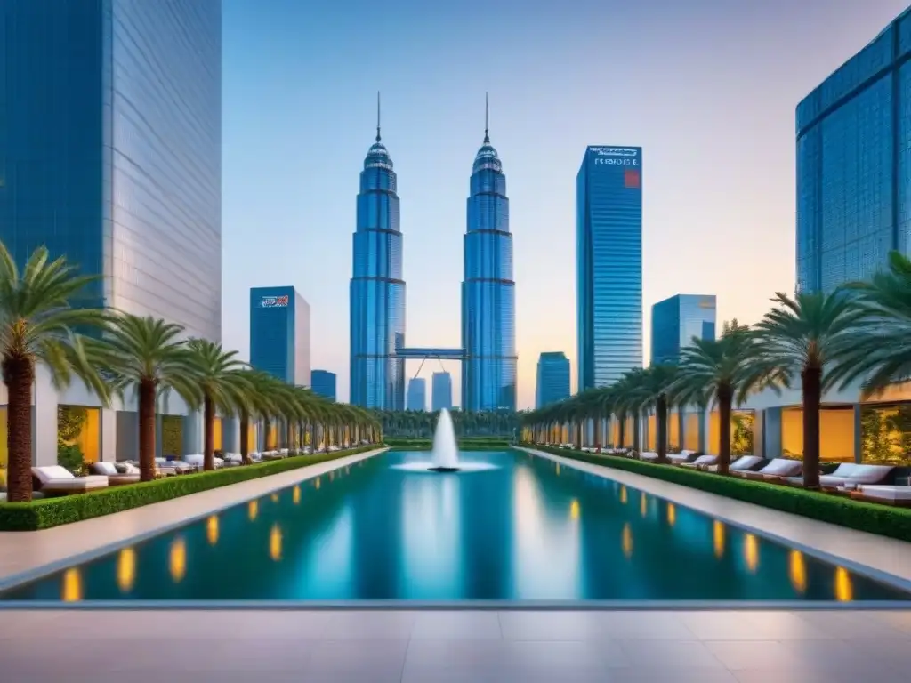 Complejo de rascacielos de lujo en ciudad internacional Complejo de rascacielos modernos de lujo en una bulliciosa ciudad internacional, con diseño arquitectónico elegante y jardín exuberante, simbolizando la sofisticación y oportunidades de estrategia inversión inmobiliaria internacional