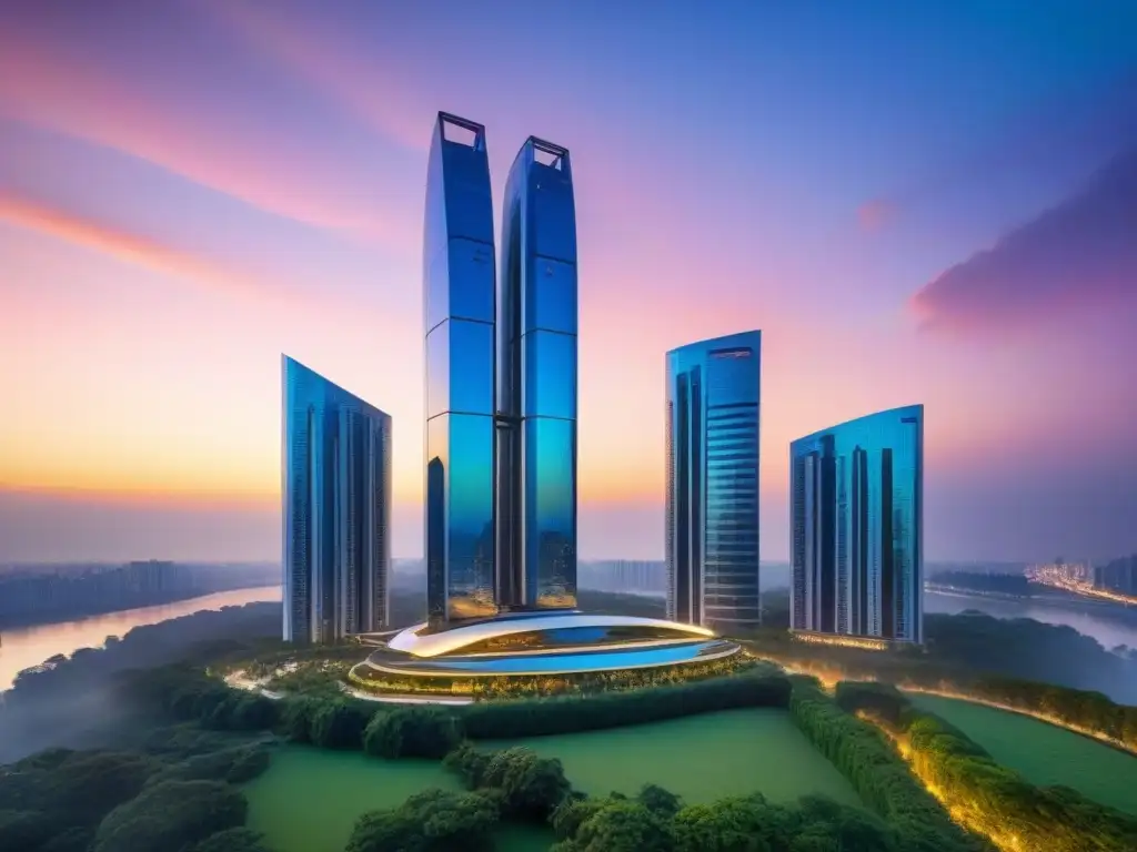 Complejo de rascacielos modernos y lujosos al atardecer Un complejo de rascacielos modernos y lujosos con diseño futurista, rodeado de naturaleza y un atardecer vibrante
