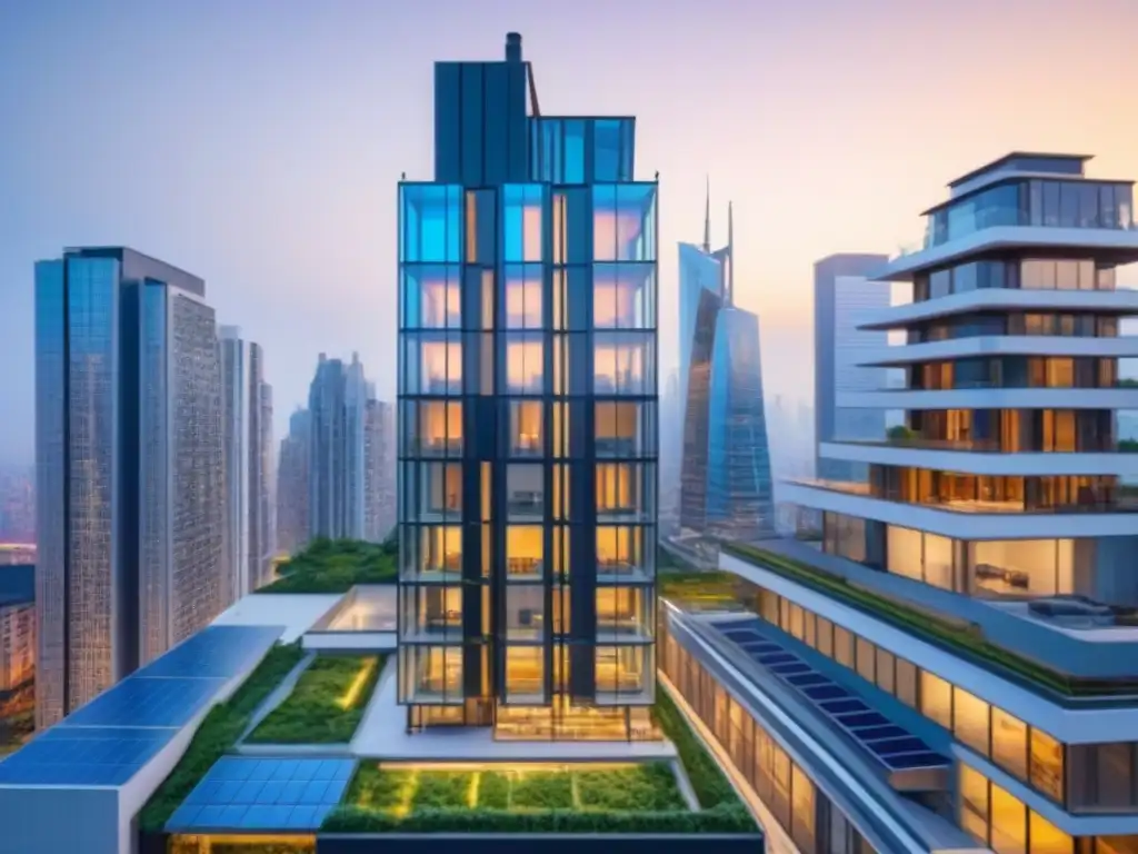 Complejo sustentable de lujo con diseño innovador y ecoconsciente Complejo de rascacielos modernos y lujosos con diseño sostenible, reflejando innovación en inversiones inmobiliarias sostenibles internacionales