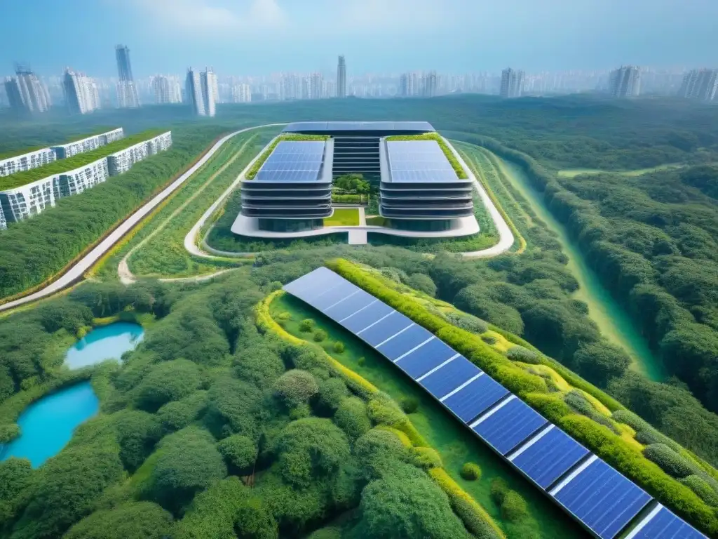 Complejo de rascacielos sostenibles en medio de exuberante naturaleza Un complejo de rascacielos modernos rodeado de vegetación exuberante en proyectos inmobiliarios internacionales sostenibles