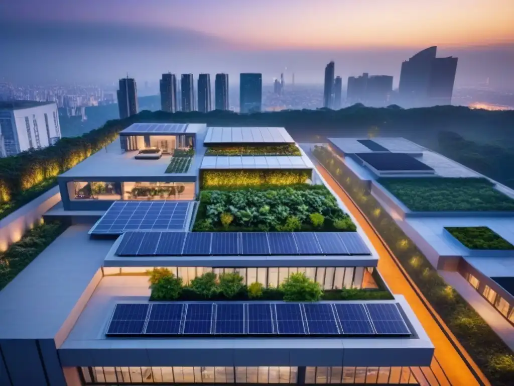 Complejo sostenible de rascacielos al atardecer: diseño moderno y verde Un complejo de rascacielos sostenibles al atardecer, con paneles solares y jardines verdes