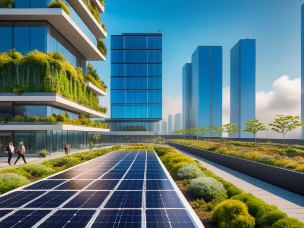 Complejo sostenible: modernidad verde y colaboración Un complejo de rascacielos sostenibles rodeado de vegetación, con paneles solares y tejados verdes