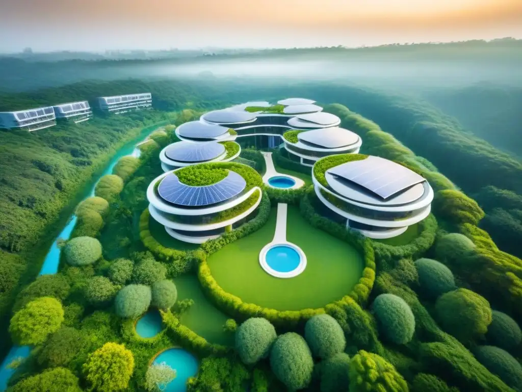 Complejo residencial ecológico: arquitectura sostenible en entorno natural Un complejo residencial ecoamigable futurista entre exuberante vegetación
