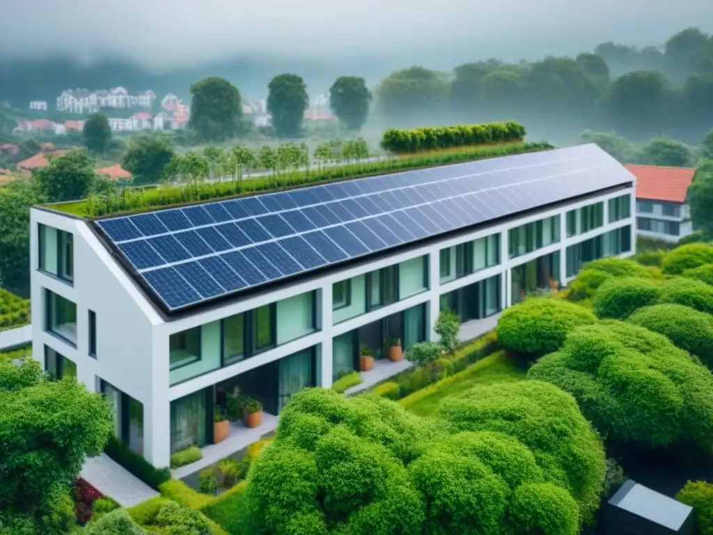 Complejo residencial ecológico con paneles solares y jardín comunitario Un complejo residencial ecoamigable con paneles solares, jardín comunitario y arquitectura sostenible