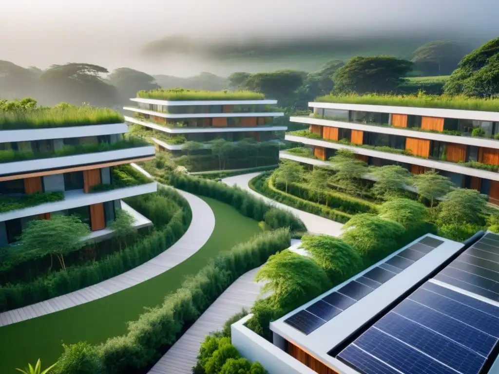 Complejo residencial ecológico: armonía entre modernidad y naturaleza Un complejo residencial ecoamigable rodeado de vegetación, con materiales naturales y diseño moderno