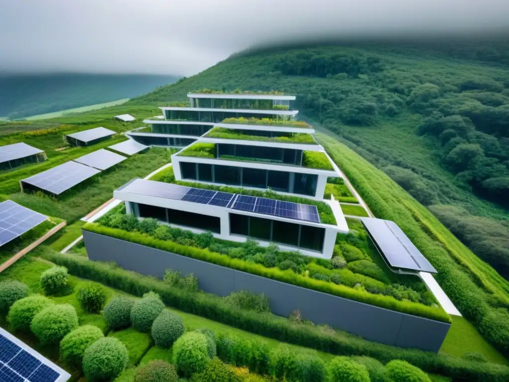Complejo residencial ecoamigable: diseño innovador y sostenible en 8k Complejo residencial ecológico futurista con incentivos fiscales, techos verdes, paneles solares y jardines verticales