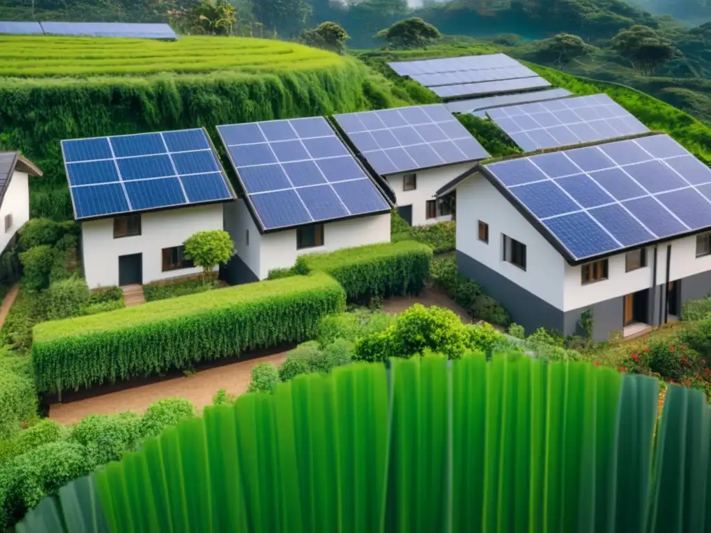 Desarrollo ecoamigable: armonía entre urbanismo y naturaleza Complejo residencial ecológico integrado en la naturaleza, con residentes comprometidos en prácticas sostenibles