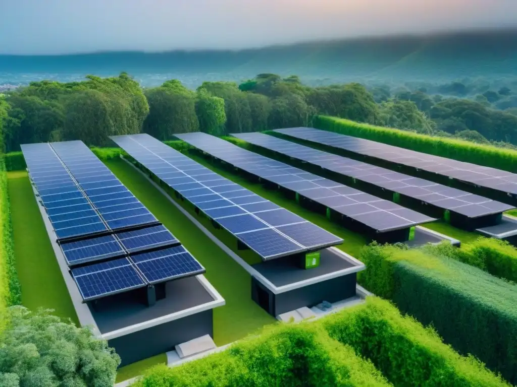 Eco-urbanización moderna: armonía entre naturaleza y sostenibilidad Complejo residencial ecológico con paneles solares y contenedores de reciclaje
