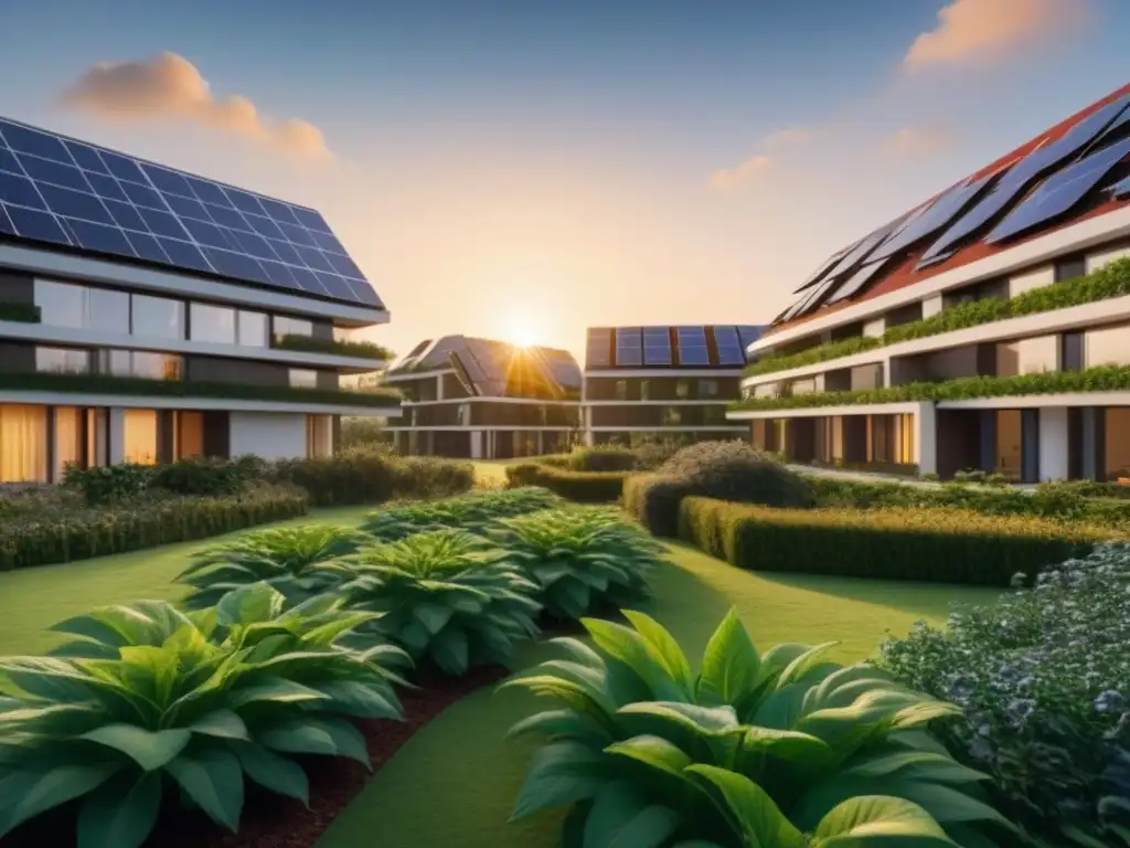Residencial futurista: diseño innovador con paneles solares integrados Un complejo residencial futurista bañado por la luz dorada del atardecer, con diseño innovador y paneles solares integrados