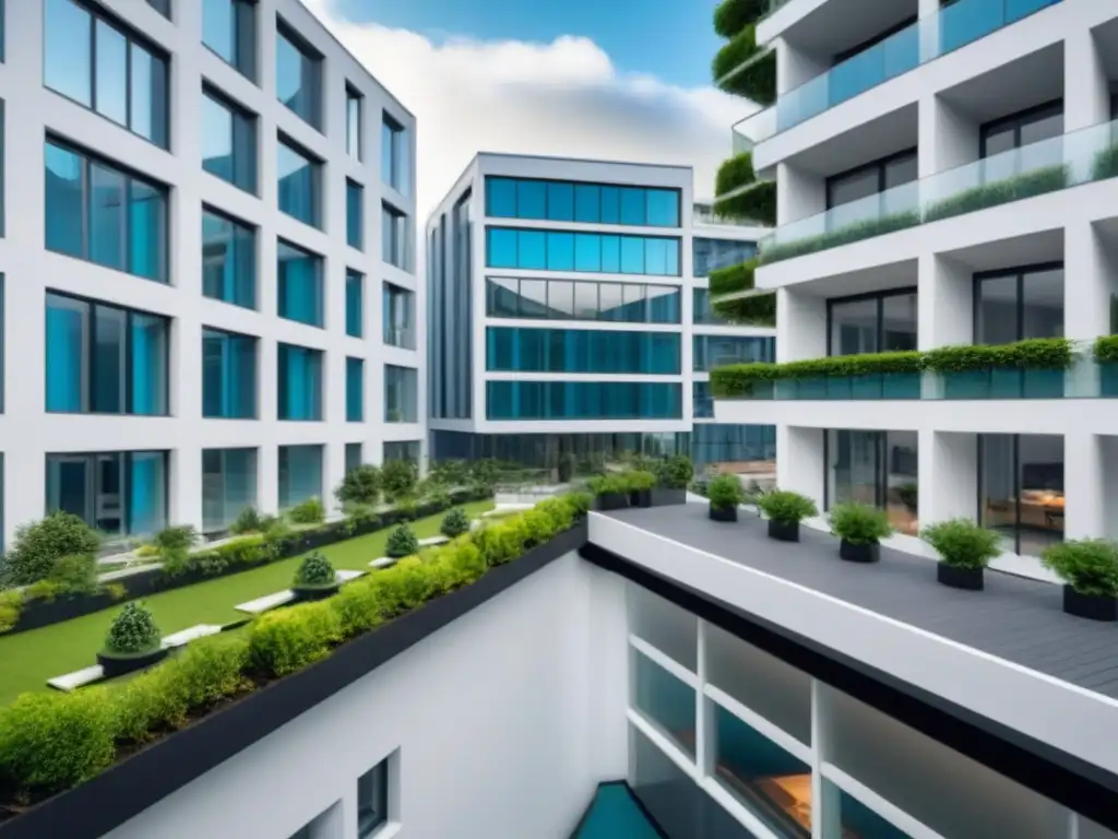 Complejo residencial futurista: vida urbana dinámica en 8k Un complejo residencial futurista con diseño innovador y jóvenes profesionales disfrutando de terrazas en un ambiente dinámico urbano