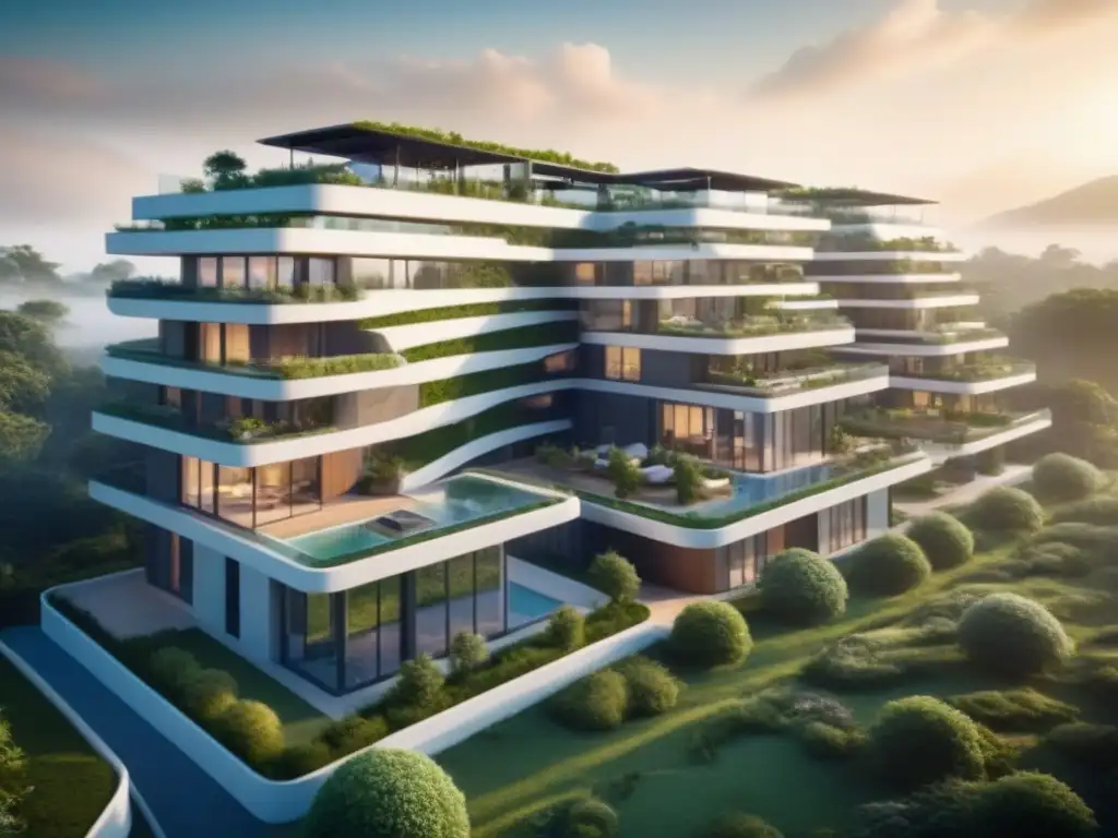 Complejo residencial ecológico futurista 8k Un complejo residencial futurista ecoamigable con diseño innovador y arquitectura moderna, rodeado de espacios verdes