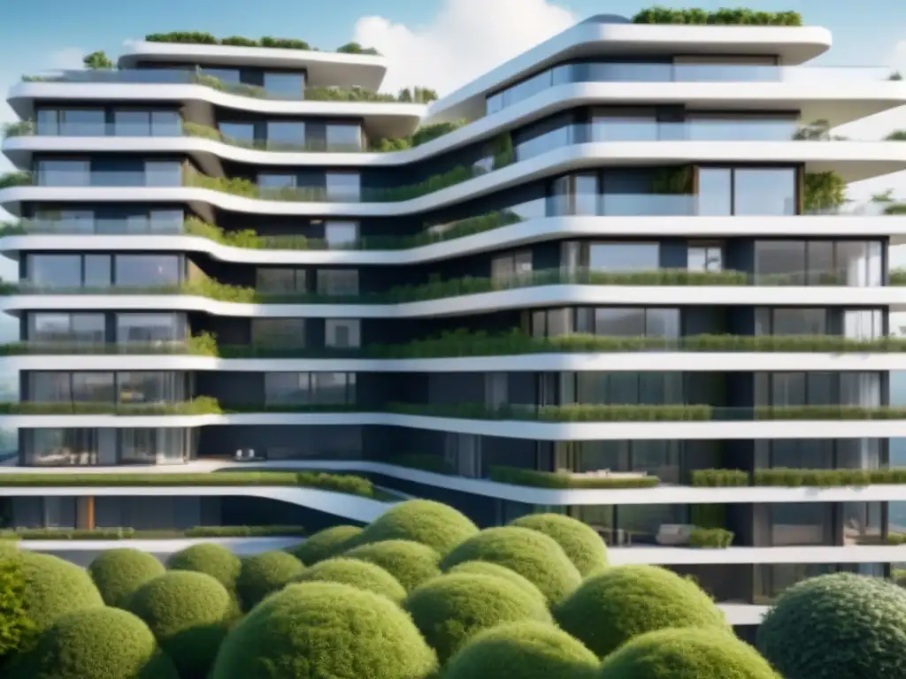 Complejo residencial ecofuturista con diseño vanguardista y sostenible Un complejo residencial futurista y ecológico con arquitectura moderna, rodeado de paneles solares
