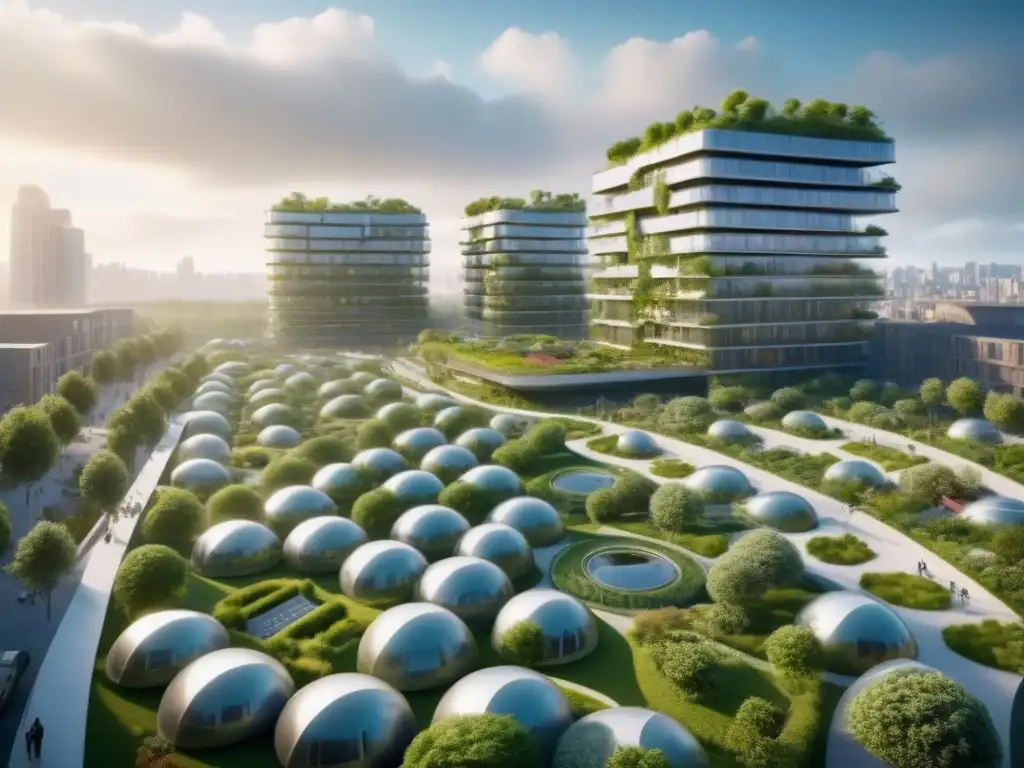 Complejo residencial sostenible: arquitectura moderna y verde en 8k Un complejo residencial futurista sostenible con jardines verticales, paneles solares y vehículos eléctricos