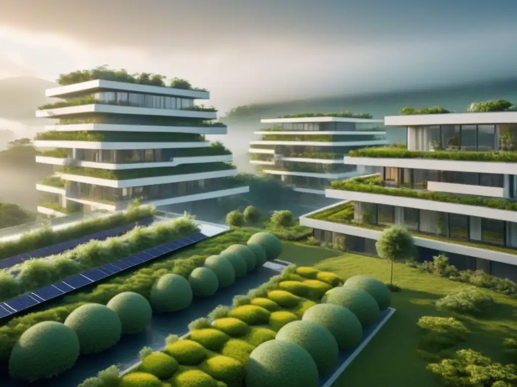Complejo residencial ecofuturista: armonía entre tecnología y naturaleza Un complejo residencial futurista y sostenible en un entorno verde, con paneles solares, jardines verticales y ventanales
