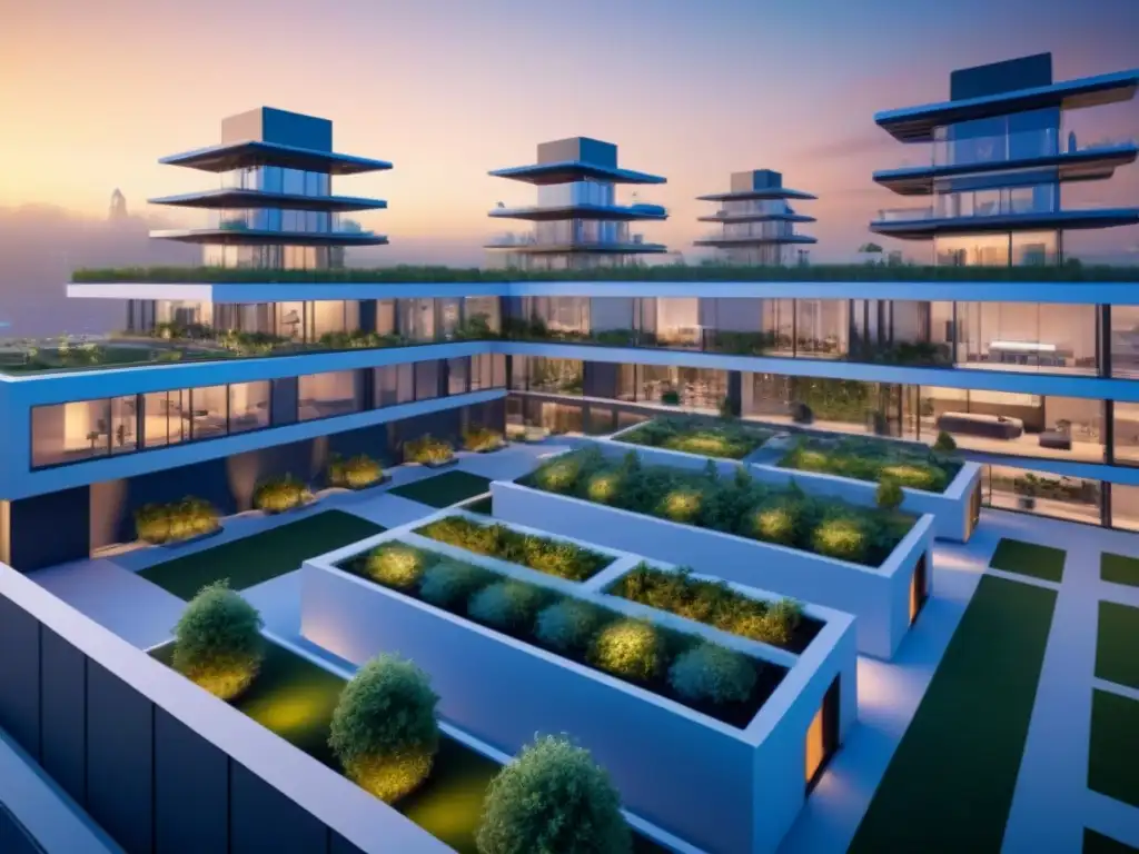 Complejo residencial futurista: viviendo conectados en la era digital Un complejo residencial futurista con tecnología avanzada y espacios comunes integrados, mostrando la digitalización en propiedades multifamiliares