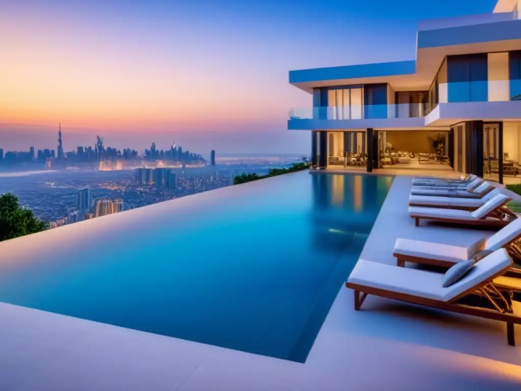 Residencial de lujo con piscina infinity y vistas panorámicas al atardecer Complejo residencial de lujo con arquitectura moderna, piscina infinita y vistas a la ciudad al atardecer